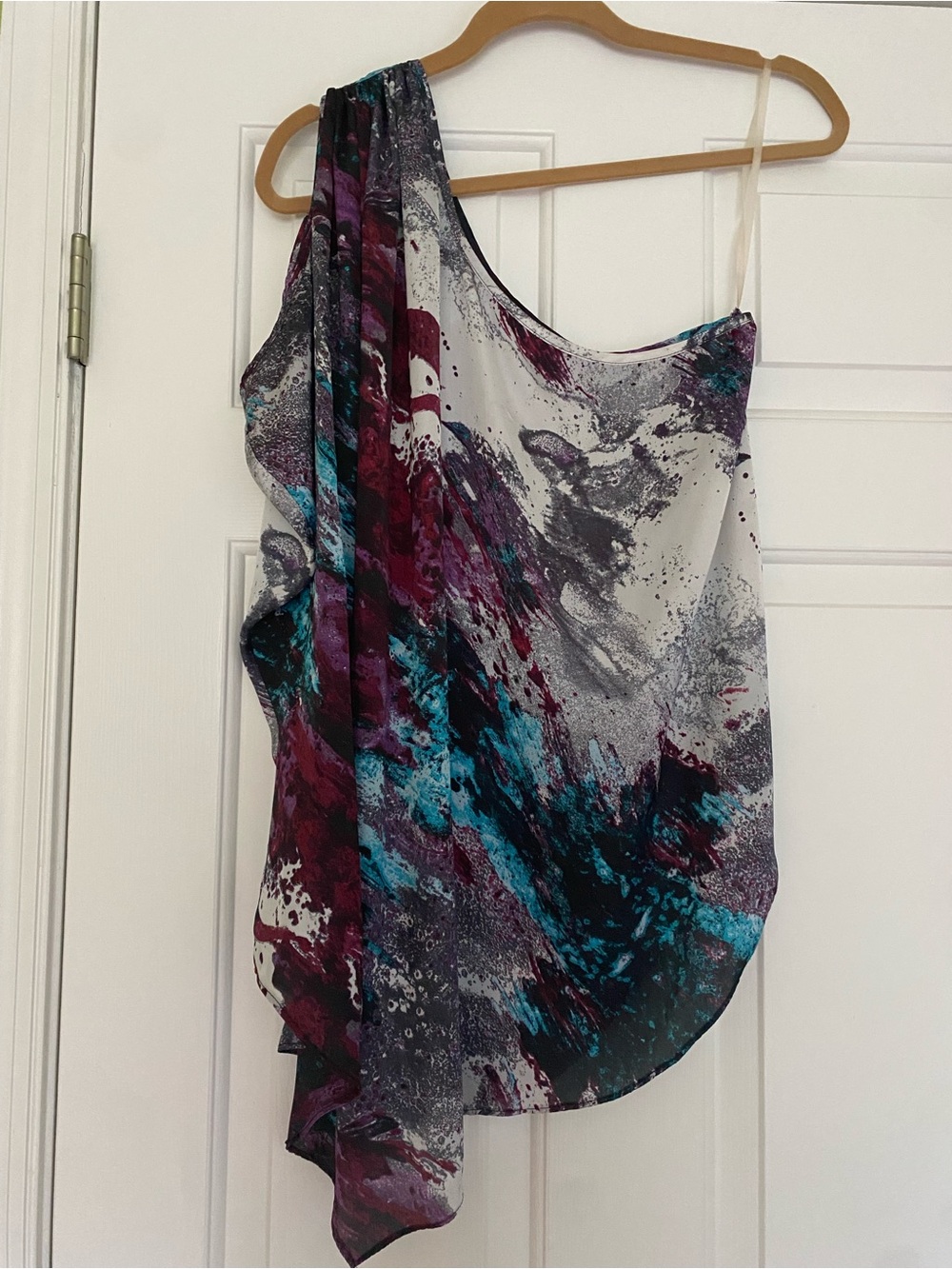 Asymmetrical One-Shoulder Blouse in Teal, Plum & Gray - Medium